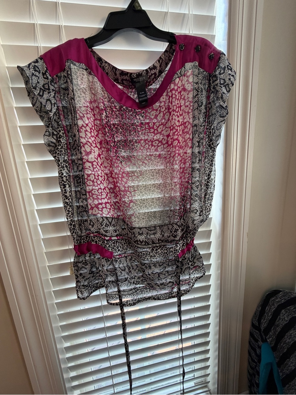 Bisou Bisou Magenta and Black Animal Print Sheer Blouse
